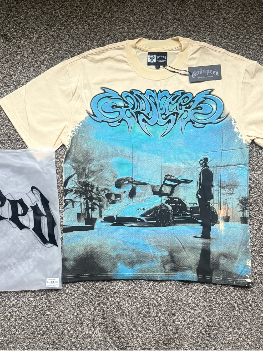 Godspeed Cream Short-Sleeve Graphic Tee with Blue Print